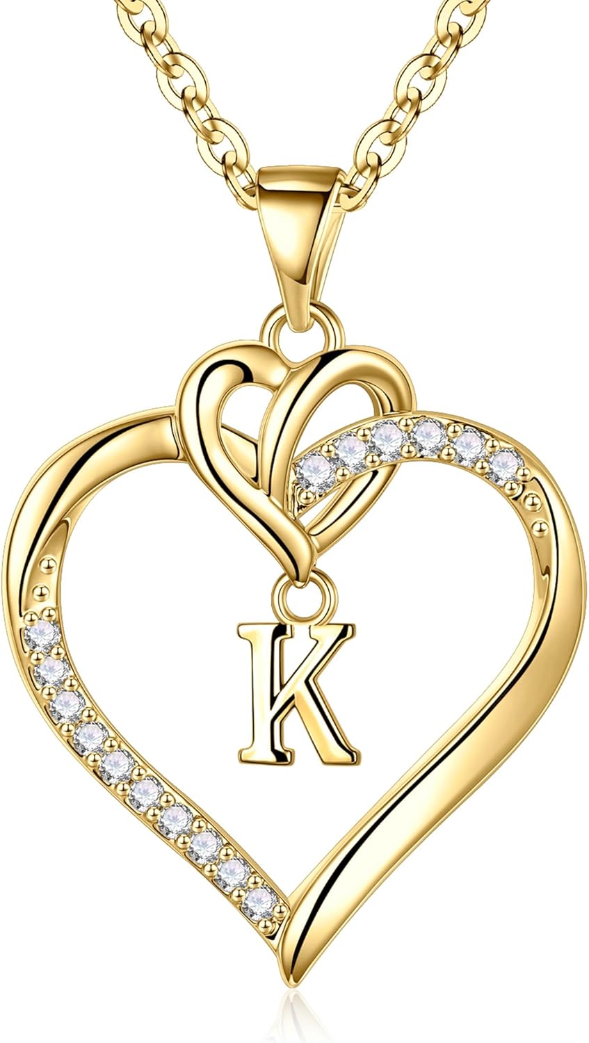 STORUP Valentines Gifts for Her Teen Girls - Heart Initial Necklaces for Women Girls, 14K-Gold-Plated CZ Initial A-Z Heart Necklaces for Teen Girl Jewelry Valentines Gifts for Women Mom Wife Sister