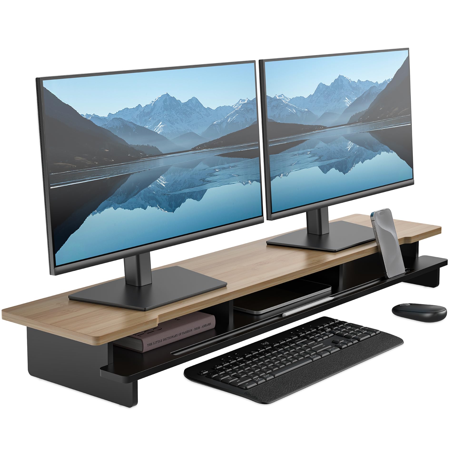Photo 1 of **DAMAGED- PARTS ONLY***WELL WENG Monitor Stand Dual Monitor Stand Riser for Desk,Wood Desk Shelf Storage Organizer with Phone Tablet Holder (42.5 Inch, Black & Dark Bamboo)