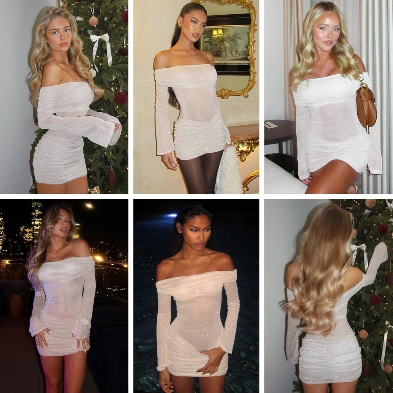 RARITYUS Women’s Off Shoulder Glitter Mini Dress Sexy Sheer Mesh Ruched Bodycon Dress Flare Long Sleeve Party Dresses - Image 4