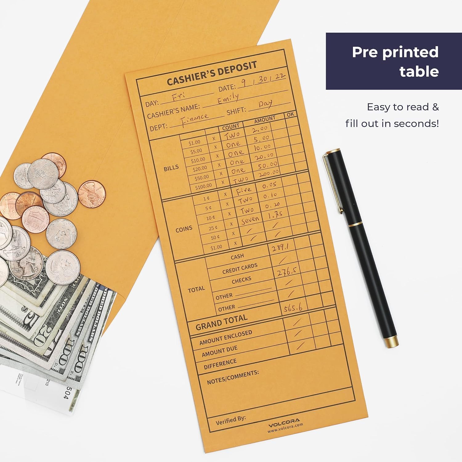 Volcora 100 Pack Cashier Envelopes, Cash Deposit Envelopes, Self Adhesive Cash Envelopes, Money Envelopes, Brown Kraft Bank Deposit Slips for Retailers, Restaurants, Small Businesses, Stores - Image 7