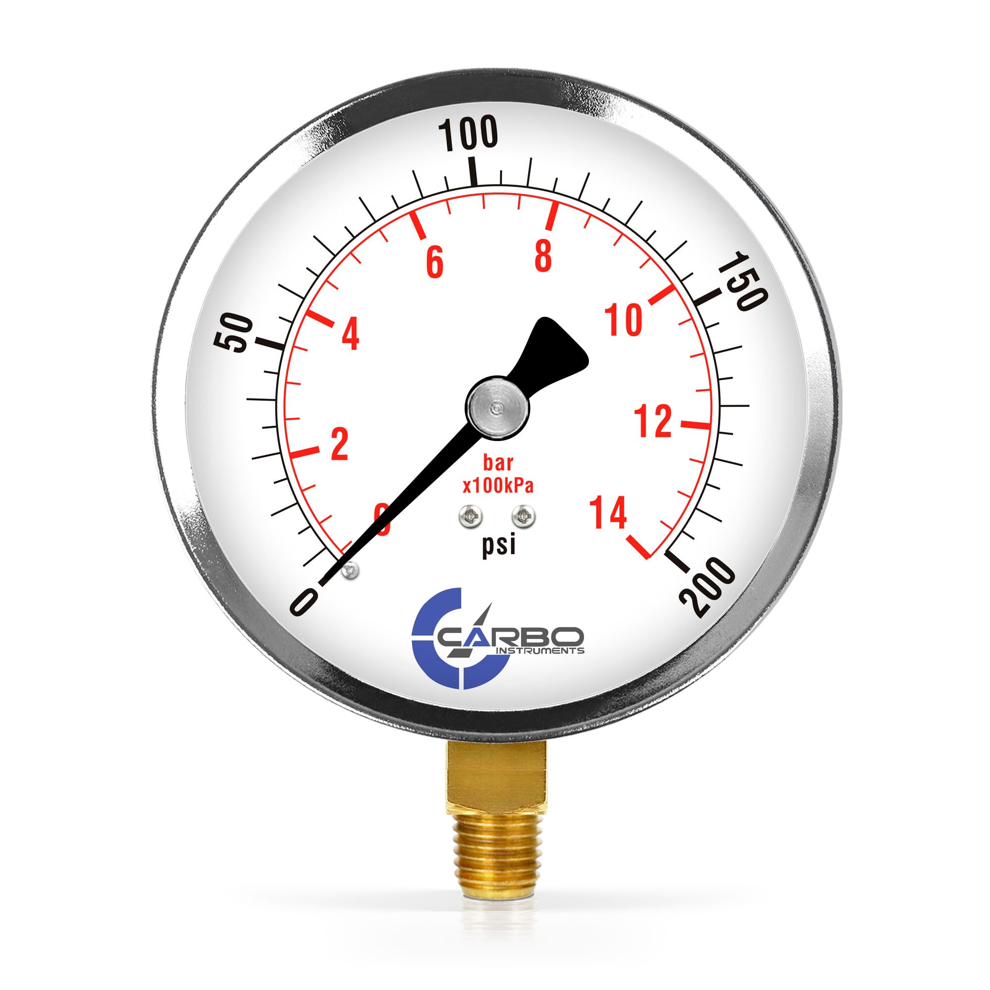 CARBO Instruments 4" Pressure Gauge, Chrome Plated Steel Case, Dry, 0-200 psi/kPa, Lower Mount 1/4" NPT