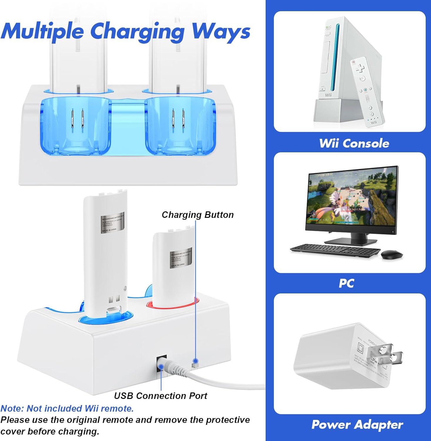 Remote Controller Charger Station for Wii/Wii U with 4 Pack 2800mAh Rechargeable Battery Pack, Controller Charging Dock Station for Wii Controller, Remotes are not Included - Image 3