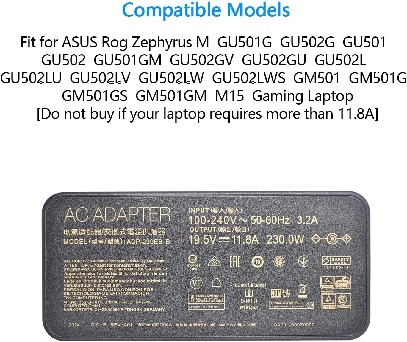 230W 19.5V 11.8A AC Laptop Charger Replacement for ASUS Rog Zephyrus M GU501G GU502G GU501 GU502 GU501GM GU502GV GU502GU GU502L GU502LU GU502LV GU502LW GU502LWS GM501 GM501G GM501GS GM501GM image 4 of 7 B0D2HTJT4T