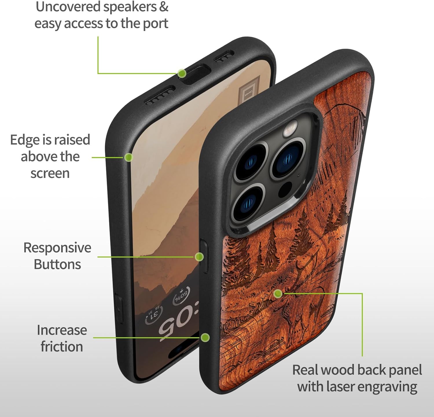 Carveit Magnetic Wooden Case for iPhone 15 Pro Max Case, Compatible with MagSafe Wireless Chargers, Black Soft TPU Shockproof Cover & Wood Artisan Engraved (Mountains and Deer) - Rosy