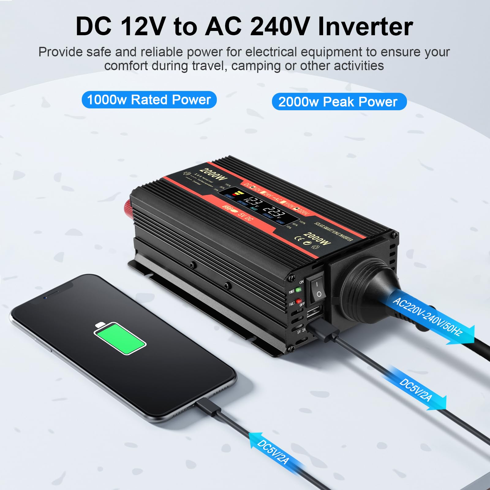 Premio Convertitore di Tensione 2000W 12V 220V Inverter per Auto con Allume Cigare 2 Porte USB