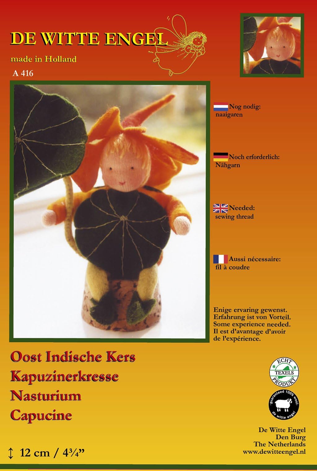 De Witte Engel Nasturtium DIY Doll Kit, 100% Woollen Felt and 100 % Cotton Doll Jersey, 12 cm