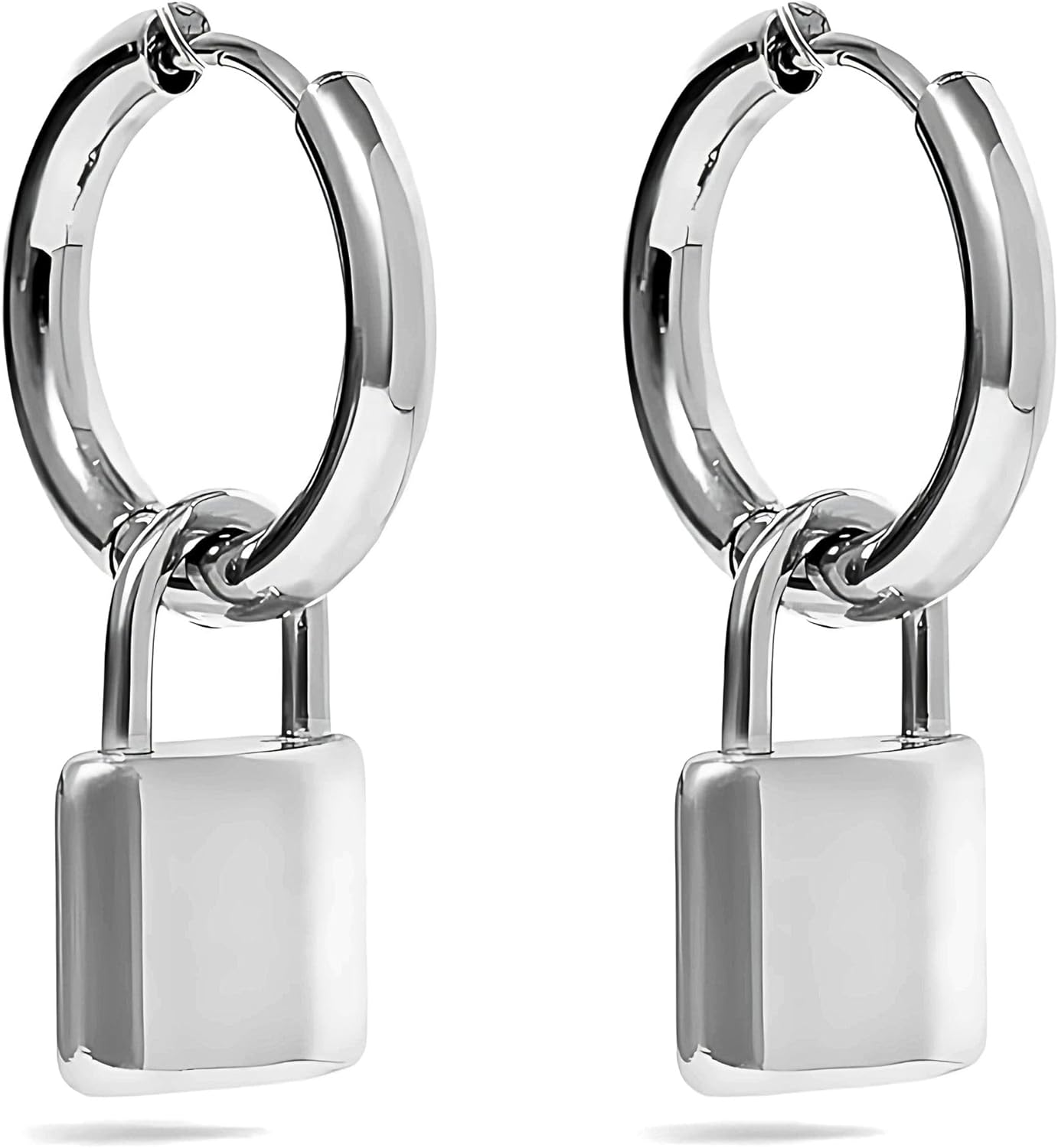 Padlock Dangle Pendant Hoop Earrings for Women by Ginger Lyne | Distressed Finish Stainless Steel Gold or Silver Tone Chunky Dangle Statement Ear Rings | Bold Fashion Jewelry