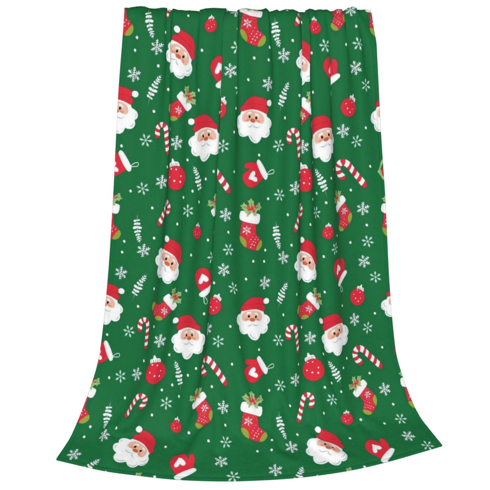 Green Christmas Santa Claus Throw Blankets, Xmas Stockings Snowflake Soft Anti Pilling Flannel Blanket, Winter Candy Canes Decorative Lightweight 125X100 cm Sofa Fleece Blanket for Children
