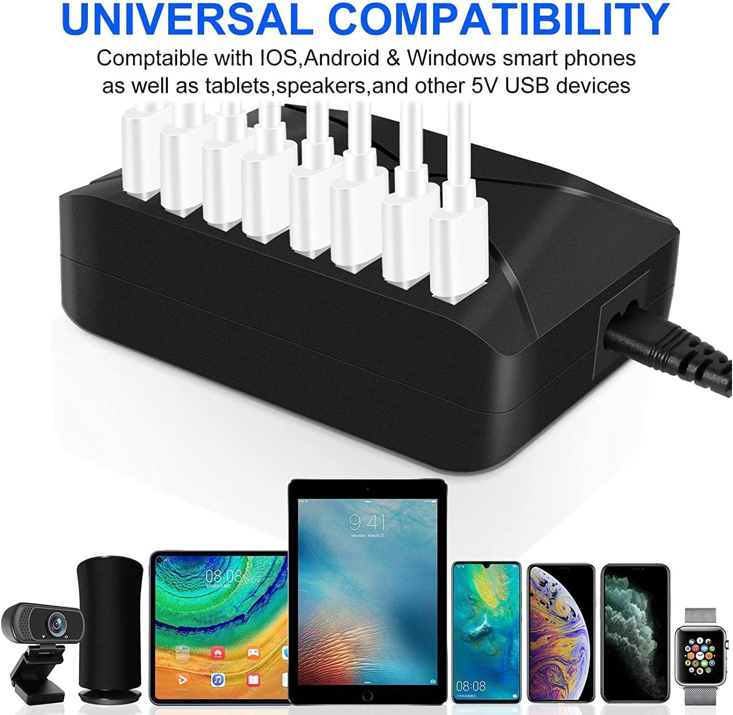 Chargeur USB 10 Ports 50W - Hub De Charge Intelligent Avec Détection - Compatible IPhone, Samsung, Tablette - Pour Maison, Bureau, Voyage - 4