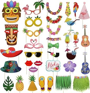 Meetory 36Pcs Hawaiian Photo Booth Props Kit, Summer Beach Selfie Props Celebration for Hawaii Seaside, Summer Pool Party, Luau Tropical Tiki Vacation Dress-Up Beach Party Accessories Decoration