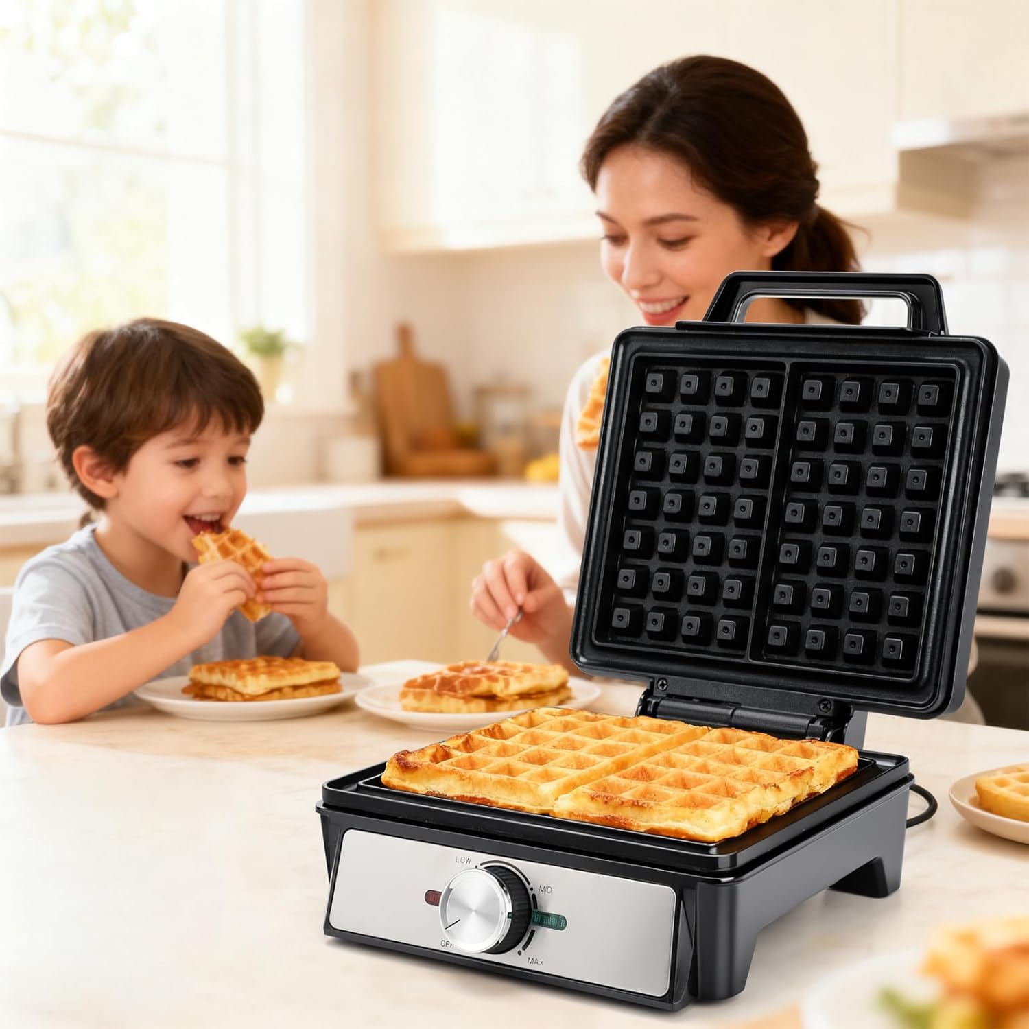 Belgian Waffle Maker 4 Slices, 1200W Waffle Iron, Double sided operation, not easy to stick to the bottom, Indicator light with knob