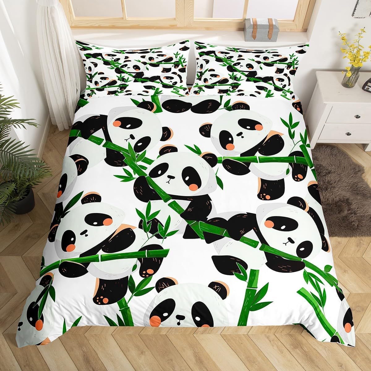 Kids Cartoon Panda Bedding Set Cute Animal Duvet Cover for Boys Bedroom Decor Kawaii Panda Comforter Cover Set Green Banboo Panda Bear Printed White Bedspread Cover Queen Size With 2 Pillow Case