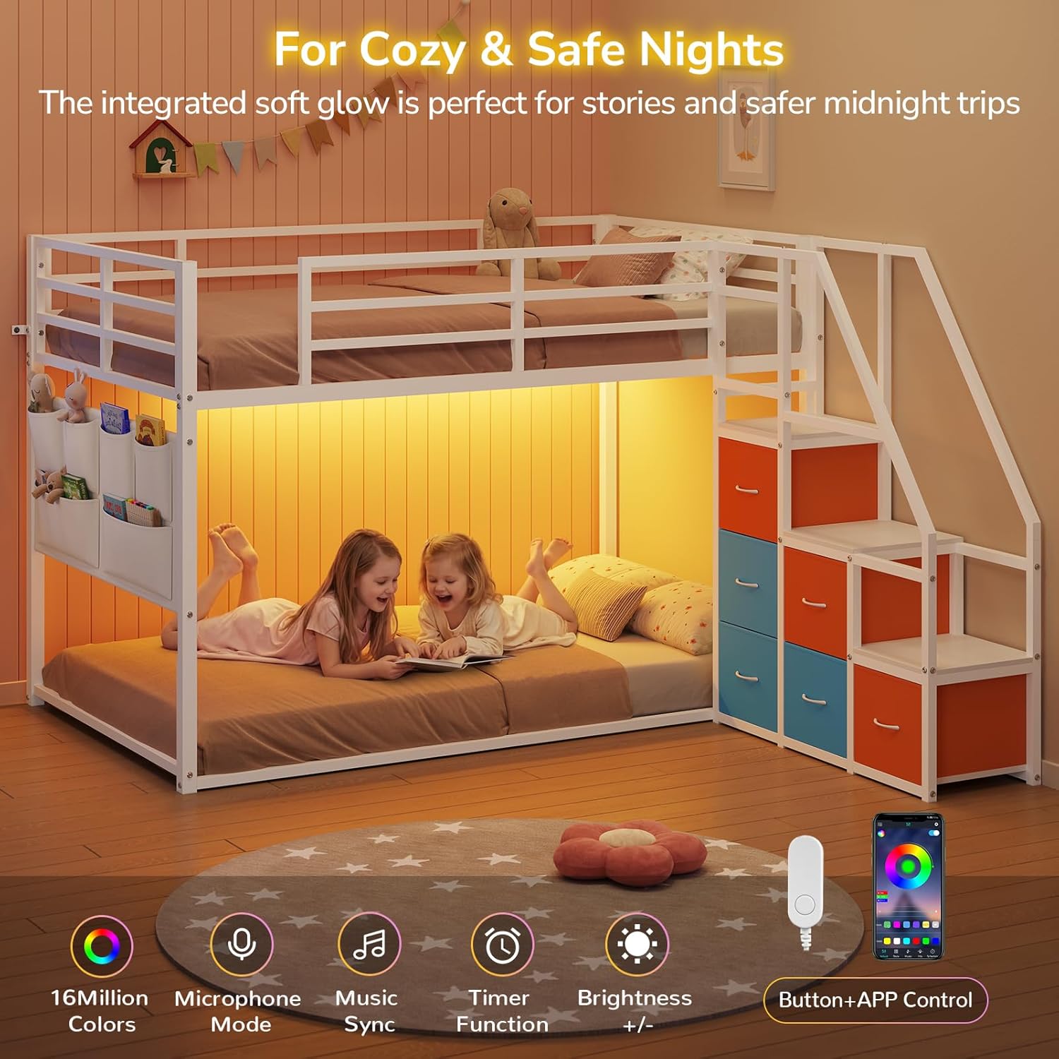 Low Bunk Bed Twin Over Twin with 6 Storage Drawers and 6-Pocket Organizer, Reversible Storage Staircase(Left or Right), Bunk Bed for Kids with LED Lights,Metal Frame with Safety High Guardrails, White