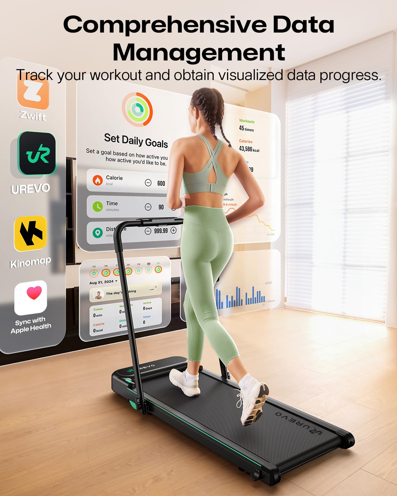 UREVO Strol 2E Caminadora inteligente plegable 2 en 1, almohadilla compacta para caminar con asa de seguridad, plug and play, pantalla LED dual, aplicación de entrenamiento, para caminar o correr en