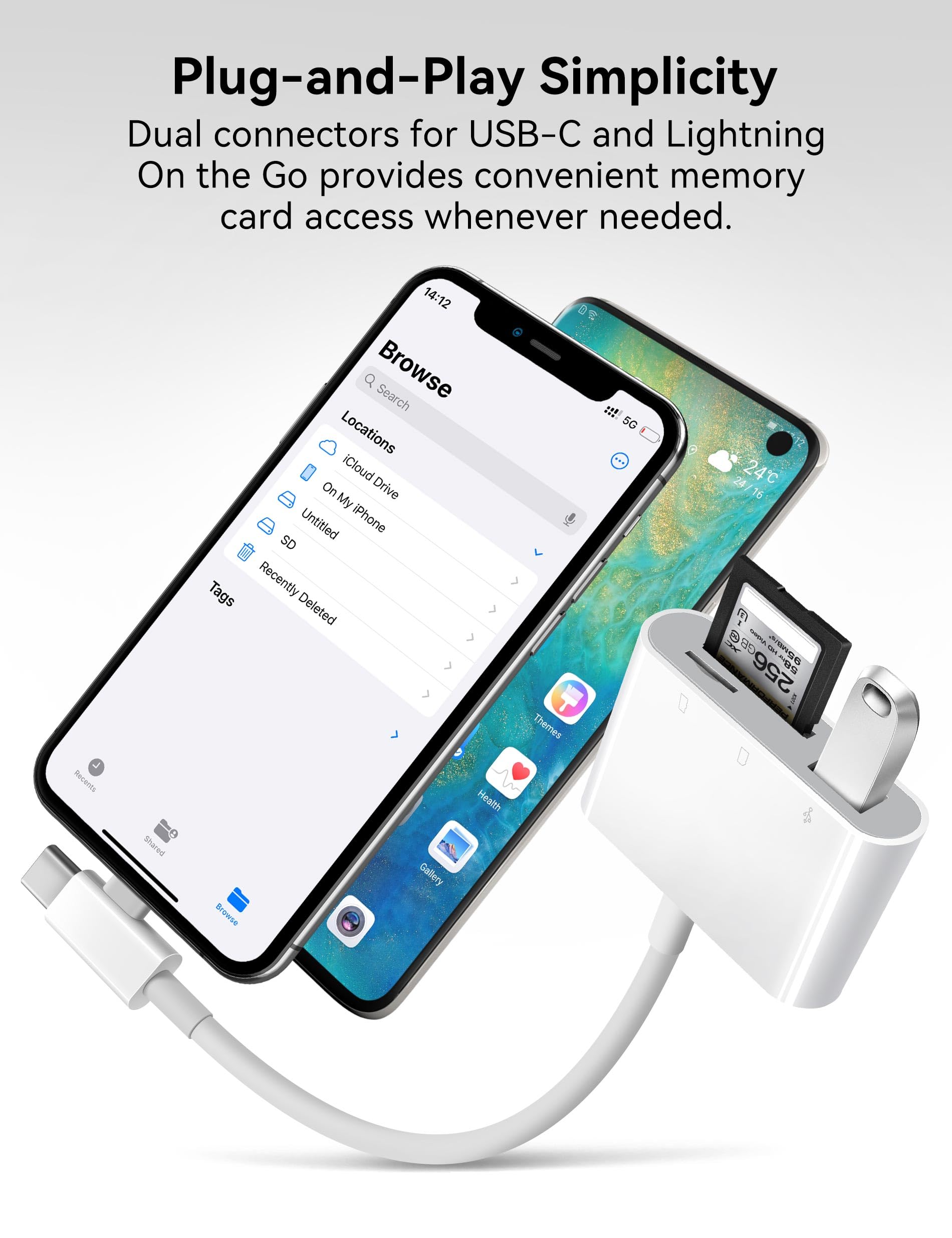 SD Card Reader for iPhone, SD Card Adapter with Lightening & USB C Dual Connectors Plug&Play Supports microSD, SD and USB-A OTG, Portable Trail Camera Memory Reader for iPhone Mac MacBook iPad