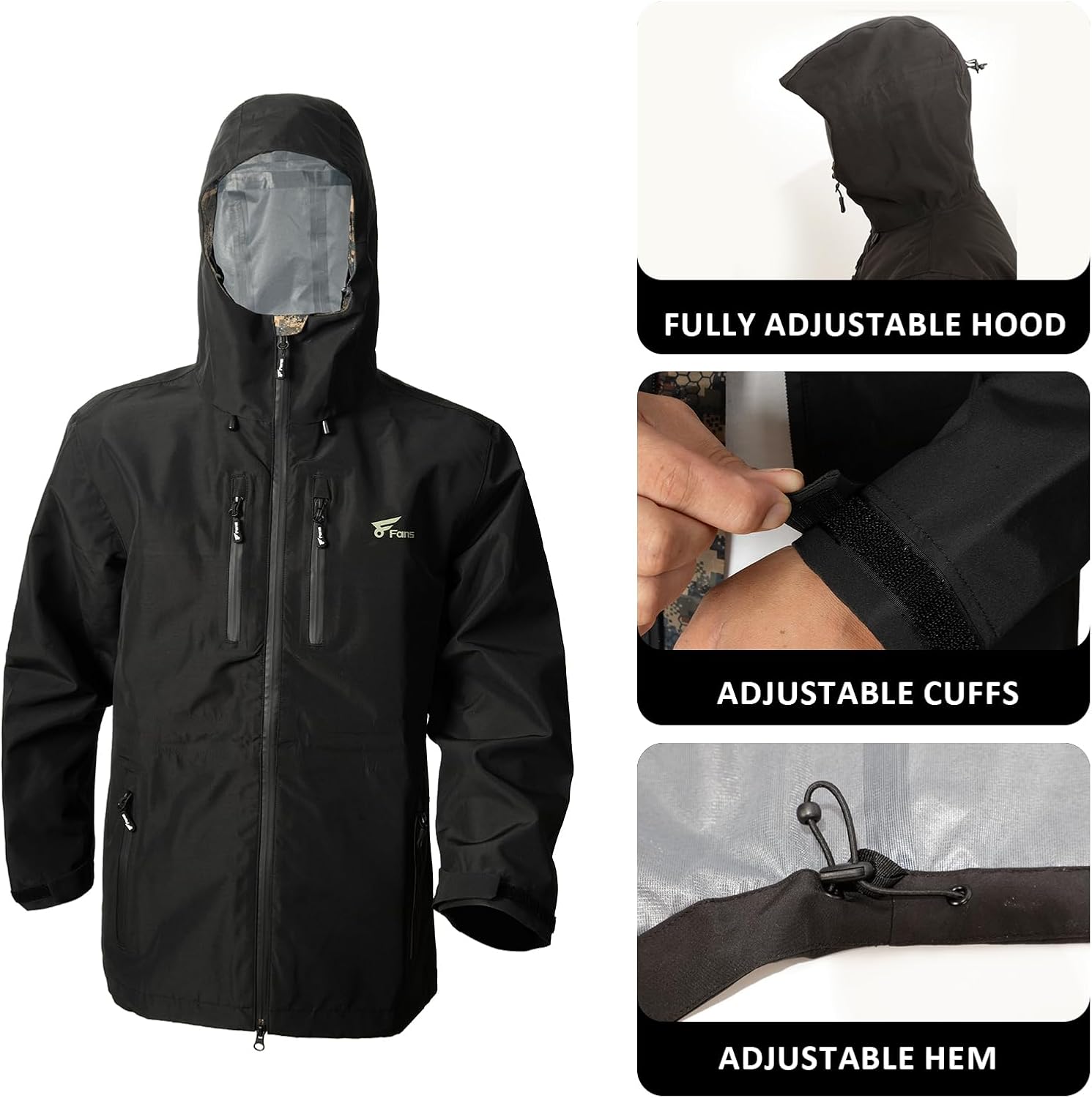 8 Fans Men's Hooded Jacket - 20000mm Waterproof Coats for Men Outdoor Work Hiking with Pockets, Windproof Fishing Jacket