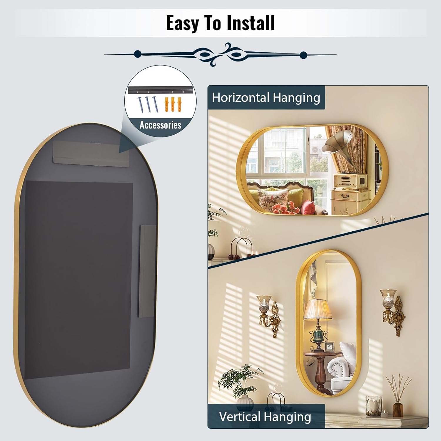 38 X 22 Inch Gold Oval Mirror - Wall Mirror for Bathroom, Aluminum Alloy Framed Mirror, Modern Mirror for Wall with Rounded Corners, Entryway Decorative Farmhouse Vanity Mirror