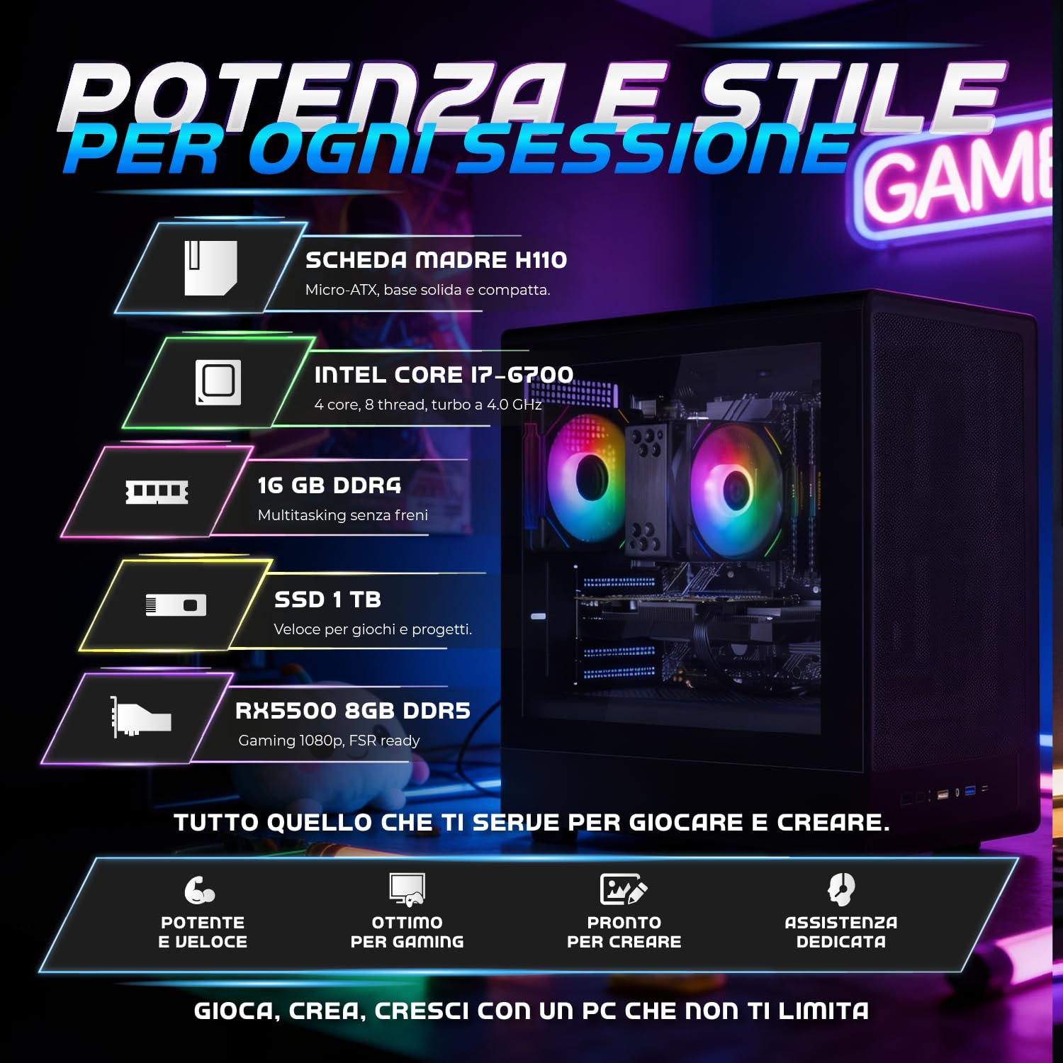 Nuwo PC Gaming Fisso i7 fino a 4GHz | 16GB RAM DDR4 | SSD 1TB | Radeon RX 5500 8GB | Windows 11 Pro Preinstallato | Computer Desktop Gaming | Wifi Ready | Pronto all'Uso | Tiger
