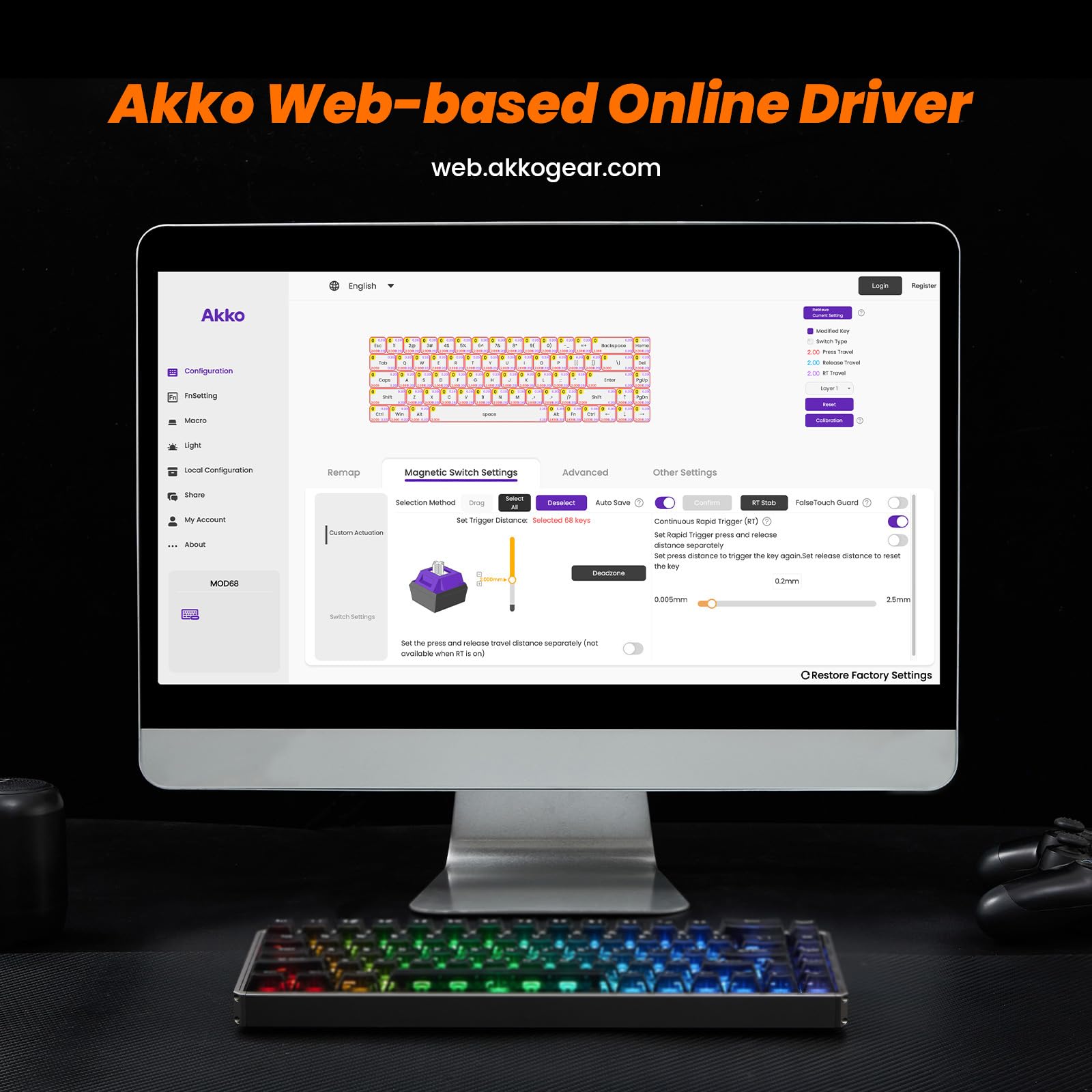 Akko MOD68 HE 8K Rapid Trigger Keyboard, aluminium CNC, klawiatura z efektem Halla, układ 65% ISO-UK QWERTY, RT0,005 mm (czarny przezroczysty, przełączniki magnetyczne AstroAim)