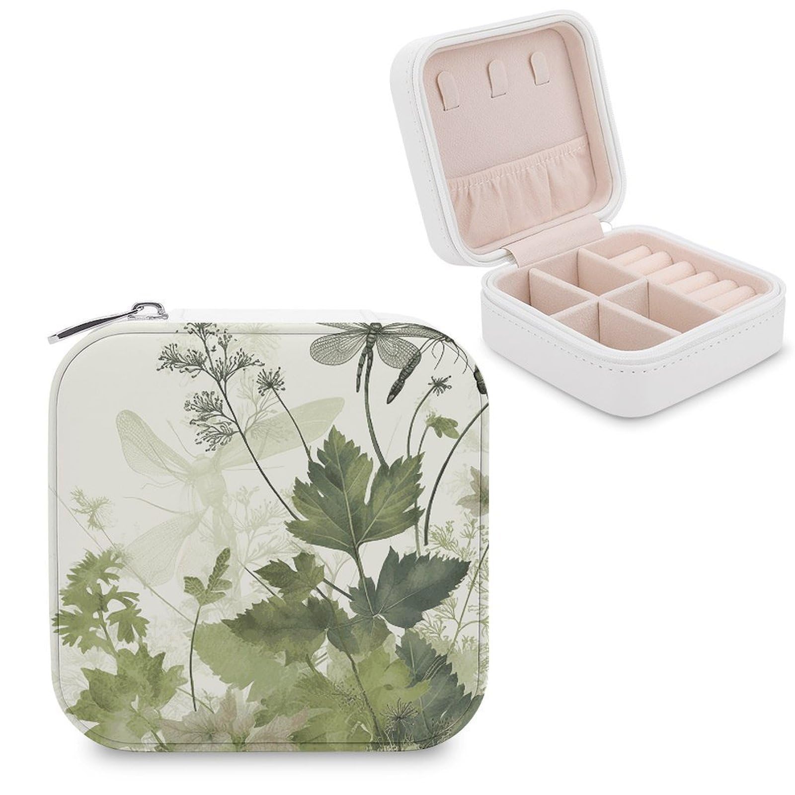 JTREHY Travel Foliage And Herbs with Dragonflies Winged Jewelry Case Portable Display Storage Box PU Leather Mini Jewelry Travel Case Personalized Travel Jewelry Organizer Small Jewelry Box for Women