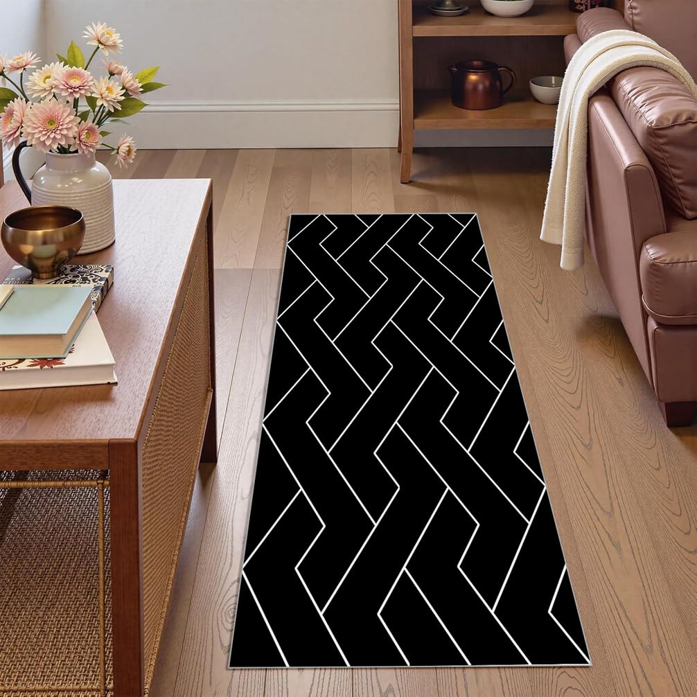 Tappeto Passatoia Antiscivolo Tappeto Corridore Lungo Nero, Bianco Lavabile in Lavatrice Tappeti Runner Passatoia per Soggiorno Camera da Letto Entrata Bagno，100 x 150 cm,Geometrici Moderni