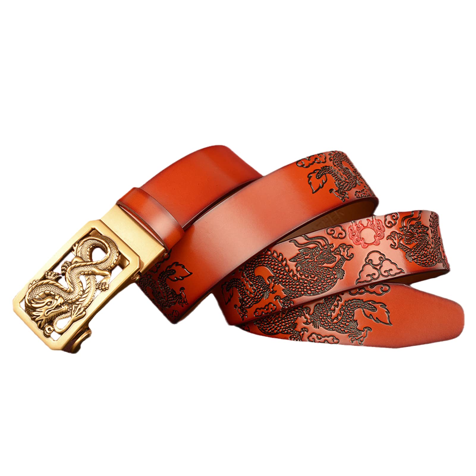 Cinturón De Trinquete para Los Hombres, 3,5 Cm De Ancho Cinturones De Cuero Genuino con Hebilla Automática Deslizante Grabado Hueco Dragón De Oro Décor Escultura(130cm/waist:45", Brown)