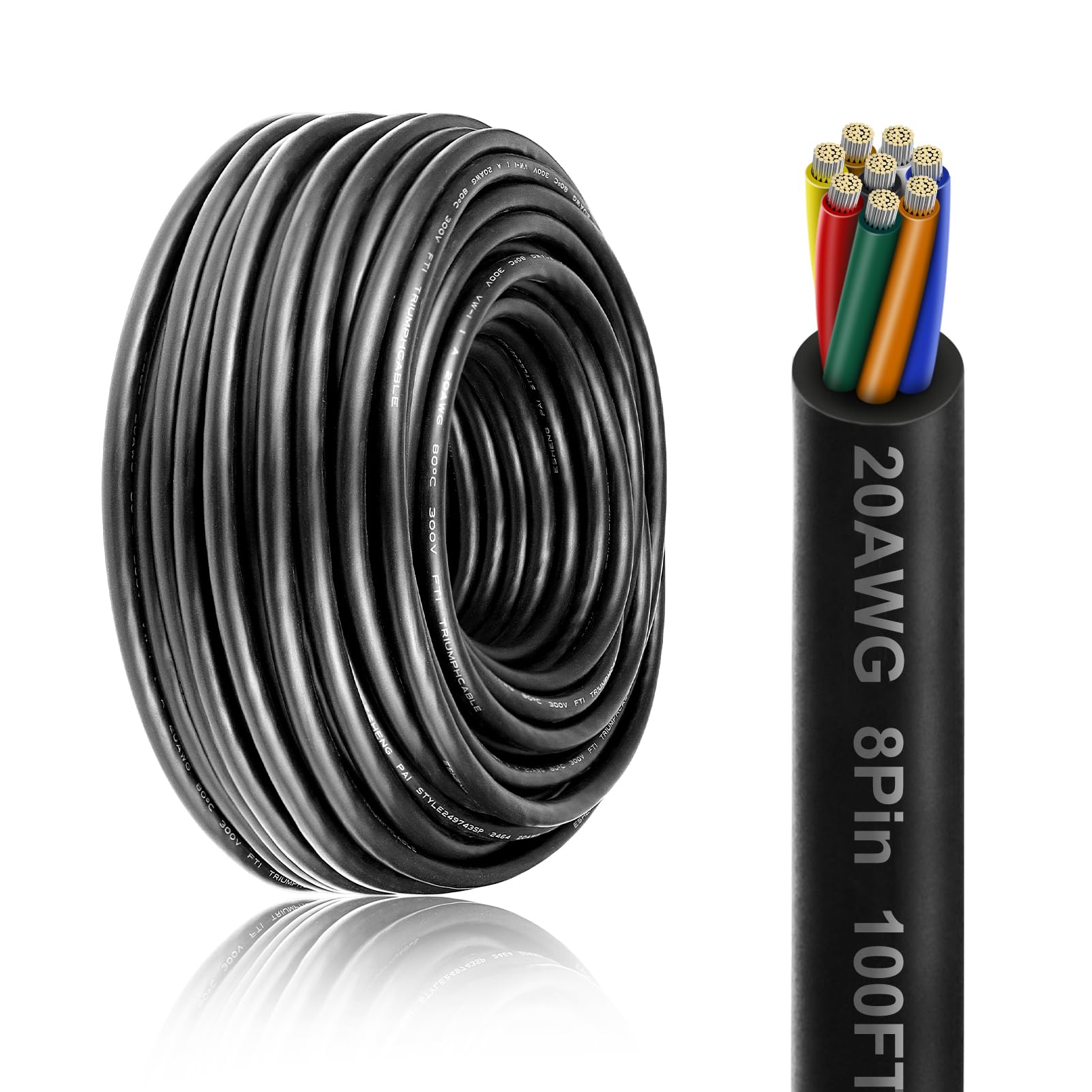 20 Gauge 8 Conductor Electrical Wire, 100FT 20AWG PVC Thermostat Wire, Low Voltage Landscape Wire, Flexible Cord for LED Lighting Strips Automotive