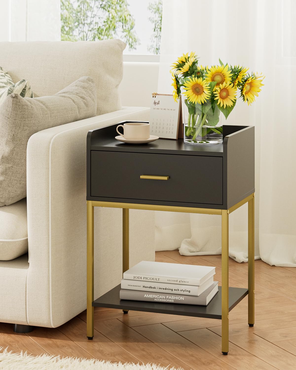 Masupu Nightstand,Bedside Table 3-Tier Modern Night Stand with Storage Drawer and Shelf,Small End Side Table for Bedroom,Living Room,Black (Without Outlet, Black)