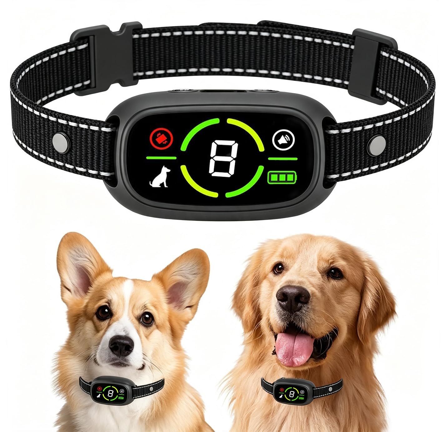 Dog Bark Collar - Rechargeable Smart Anti Barking Collar for Dogs,with Vibration & Beep 3 Modes,8 Adjustable Sensitivity Levels for Small/Medium/Large Dogs,Reflective Adjustable Strap (Blackgreen)