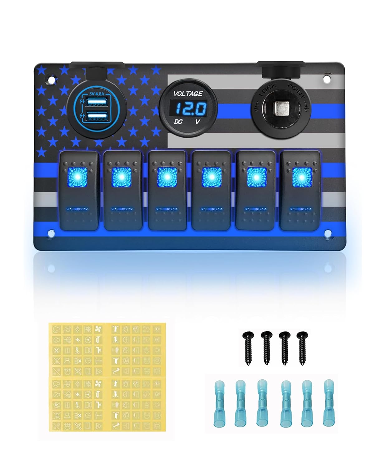 6 Gang Marine Rocker Switch Panel Waterproof Aluminum Switch Panel with American Flag Design, 5 Pin ON-Off Toggle Dual USB Charger Voltmeter Power Socket for Boats Automotive RV(Blue LED)