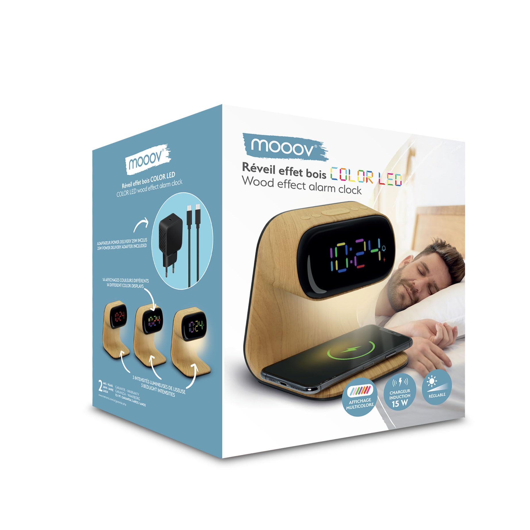 mooov Réveil Affichage Multicouleur Liseuse avec Chargeur Induction 15W - Alimenattion Secteur- Effet Bois
