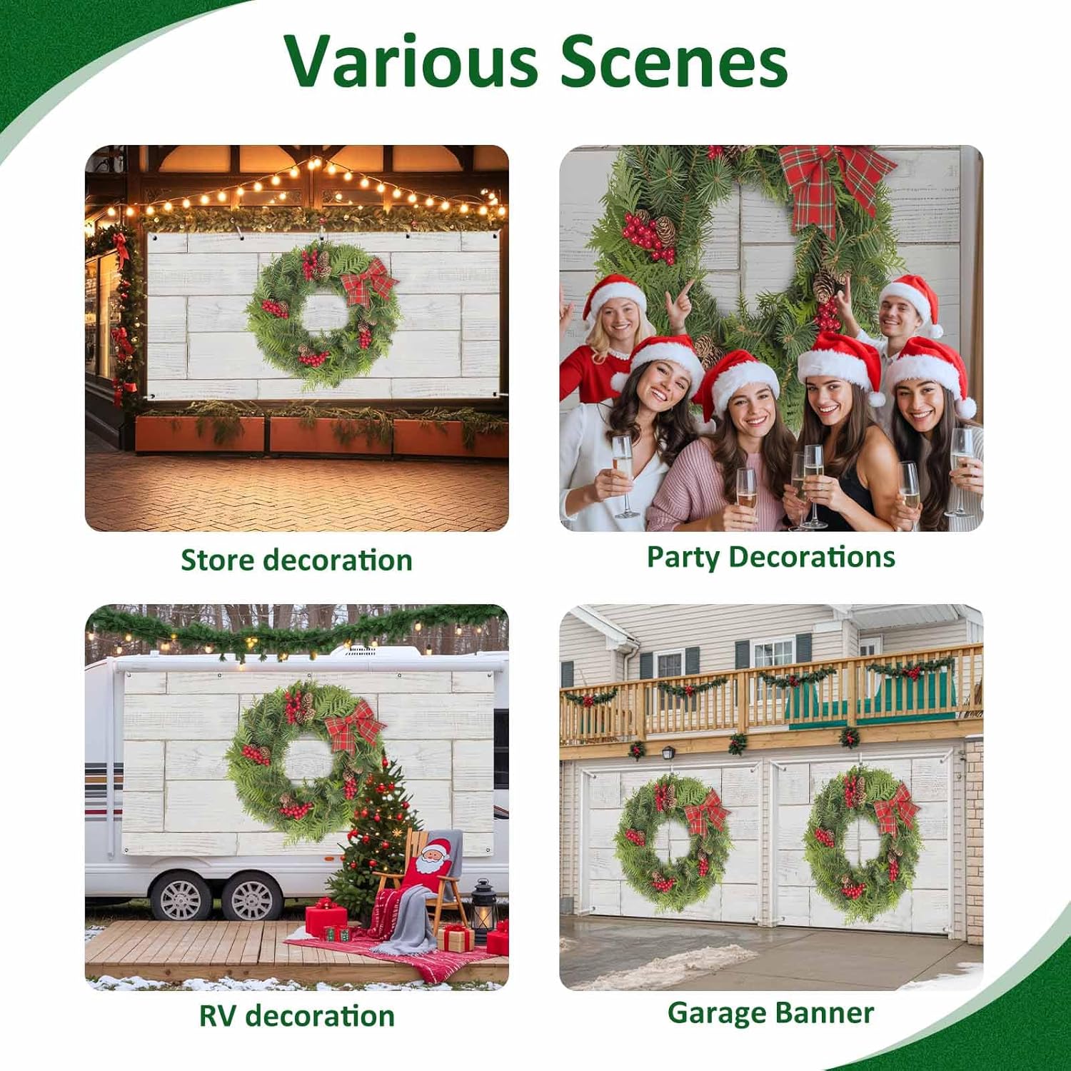 Christmas Wreath Garage Door Banner Cover 7 x 16 ft, Red Berry Pinecone Greenery Red Plaid Bowknot Wood Grain Garage Door Decorations Holiday Christmas Backdrop Decor for Winter New Year Xmas Party