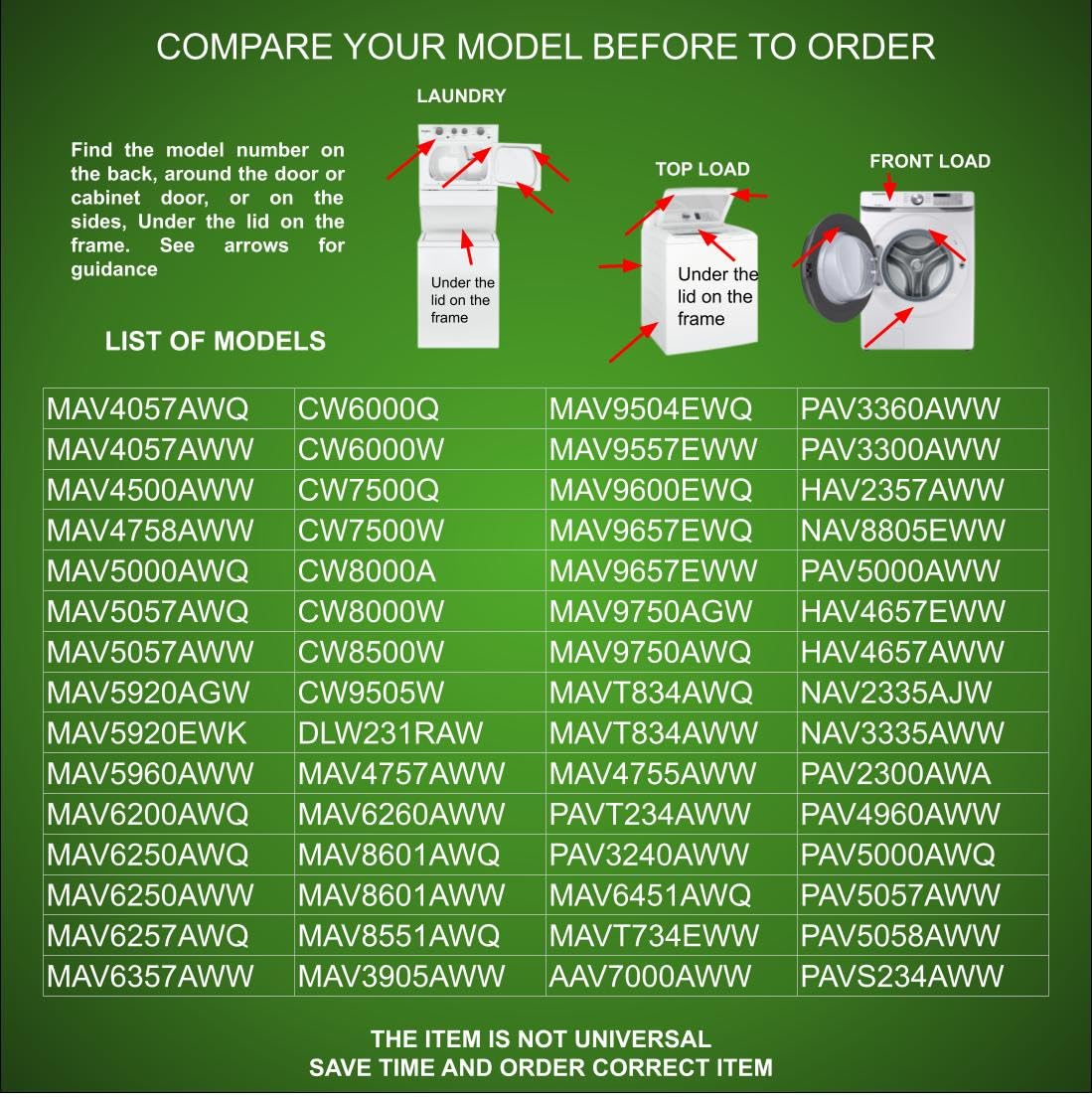 Glob Pro 21001950 Washer Motor-. Replacement for Maytag Washer Motor WP21001950, 12002815, 21001506, 21001516, 21001750, 21001922, 22004297