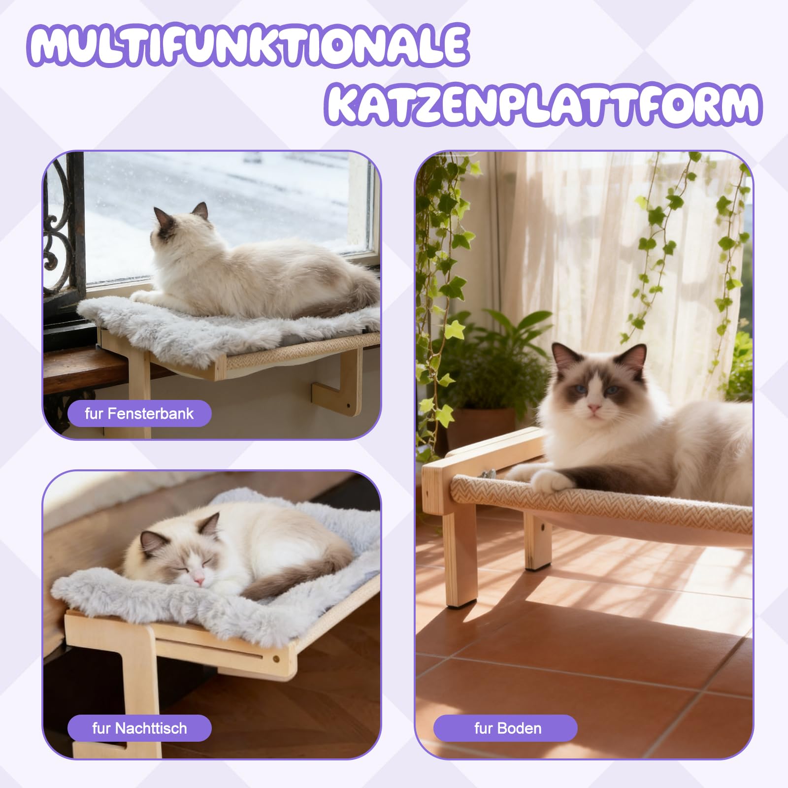 Hamaca Cama Gato Ventana, Hamaca para Ventana con Alfombra Reversible y Lavable, Instalación sin Herramientas Estante para Gato MAX.20 kg, 50 x 39 cm
