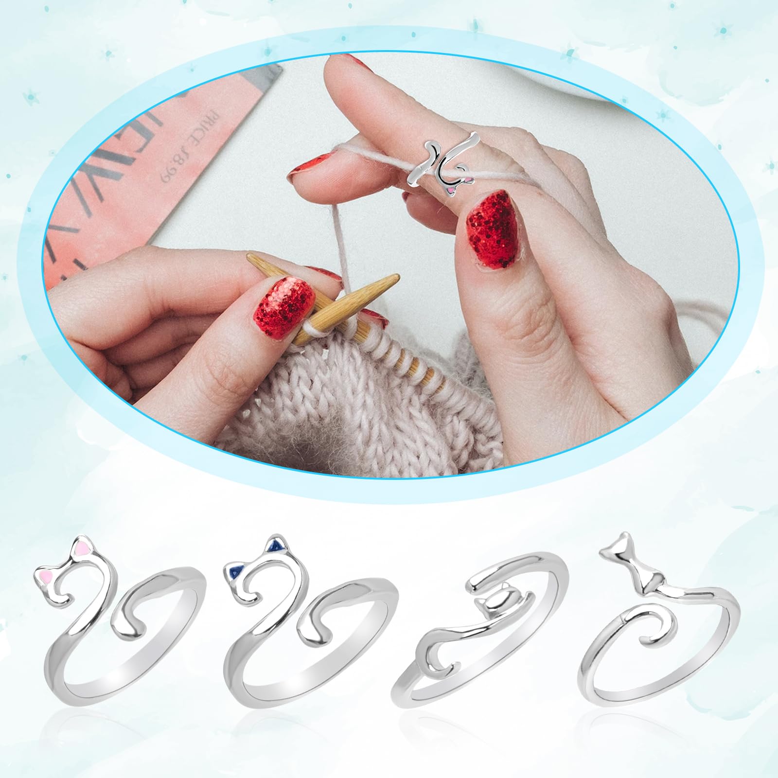 6 Anneaux Crochet Réglables Motif Chat - Bagues Tension Tricot Métal