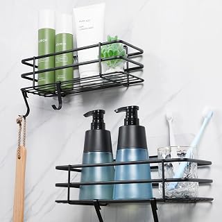 Shower Shelf Caddy Adhesive: Bathroom Shower Organizer Rustproof Shampoo Holder for Shower Wall Drill Free Shower Racks Storage for Inside Shower Black(2 Pack)