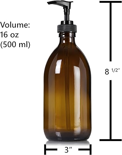 Miniatura 2 de Dispensador de loción de jabón de manos de vidrio ámbar recargable, 16 onzas, paquete de 2  Botella de boticario con bomba de plástico negro