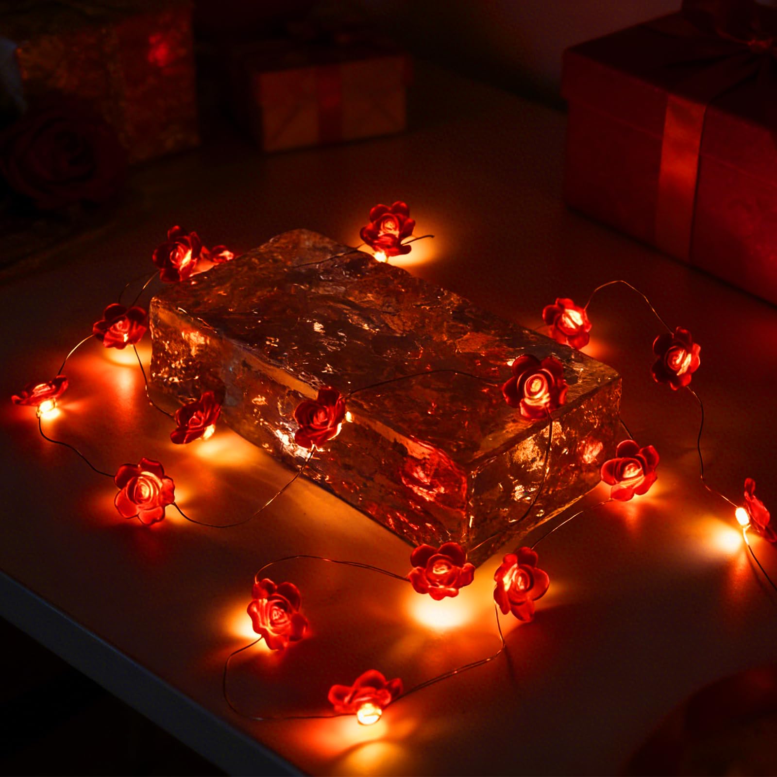 TaimeiMao Rote Rosen Lichterkette, 3m 30 LED – Batteriebetriebene Blumen Lichterketten mit U-Batteriebox für Valentinstag, Romantische Deko im Haus & Garten