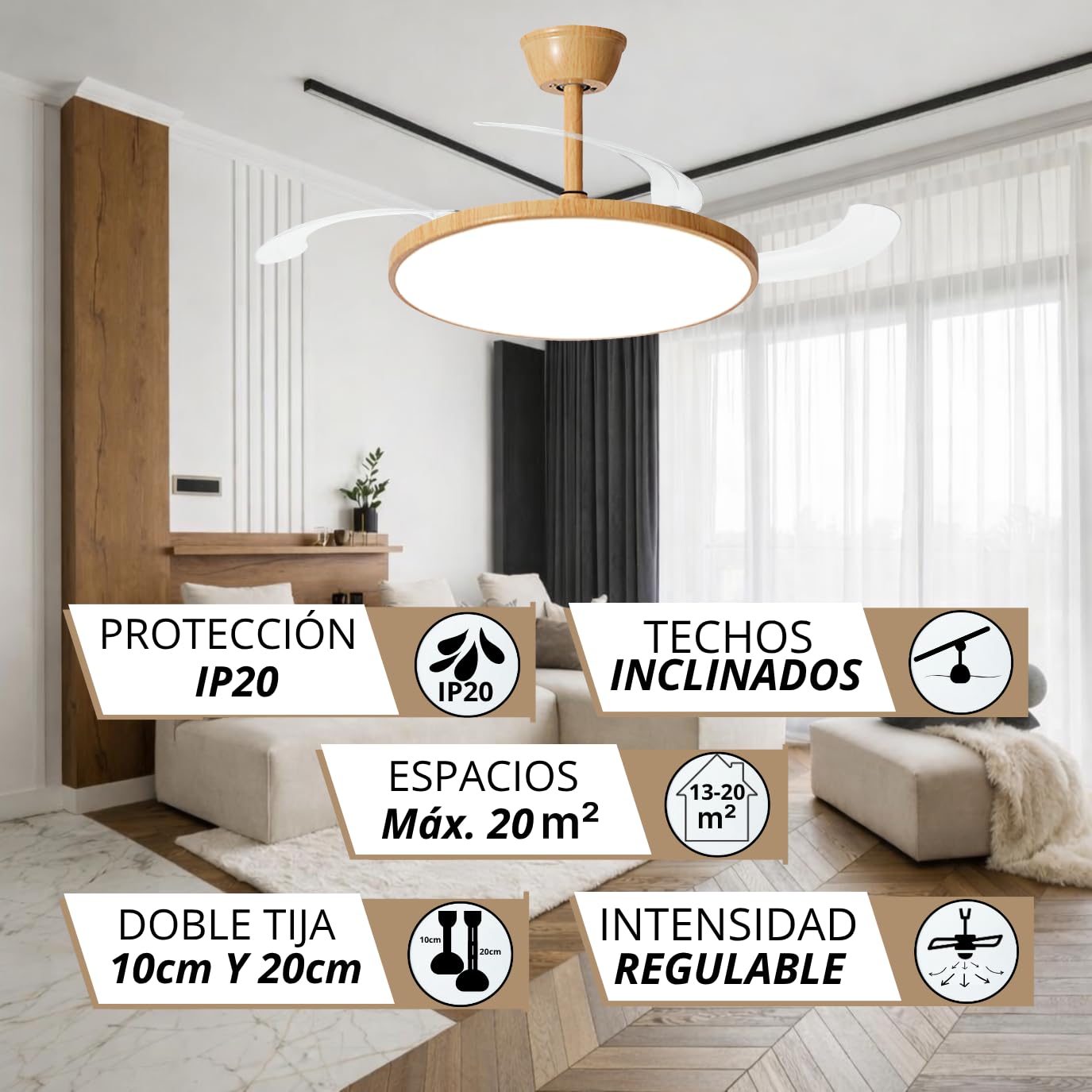 NARVI Ventilador de Techo Acabado Madera Haya con Luz LED Regulable, Motor DC Silencioso de Bajo Consumo, Lámpara Ventilador con Mando, 3 Aspas Retráctiles, MUMBAI 8991 WDNL