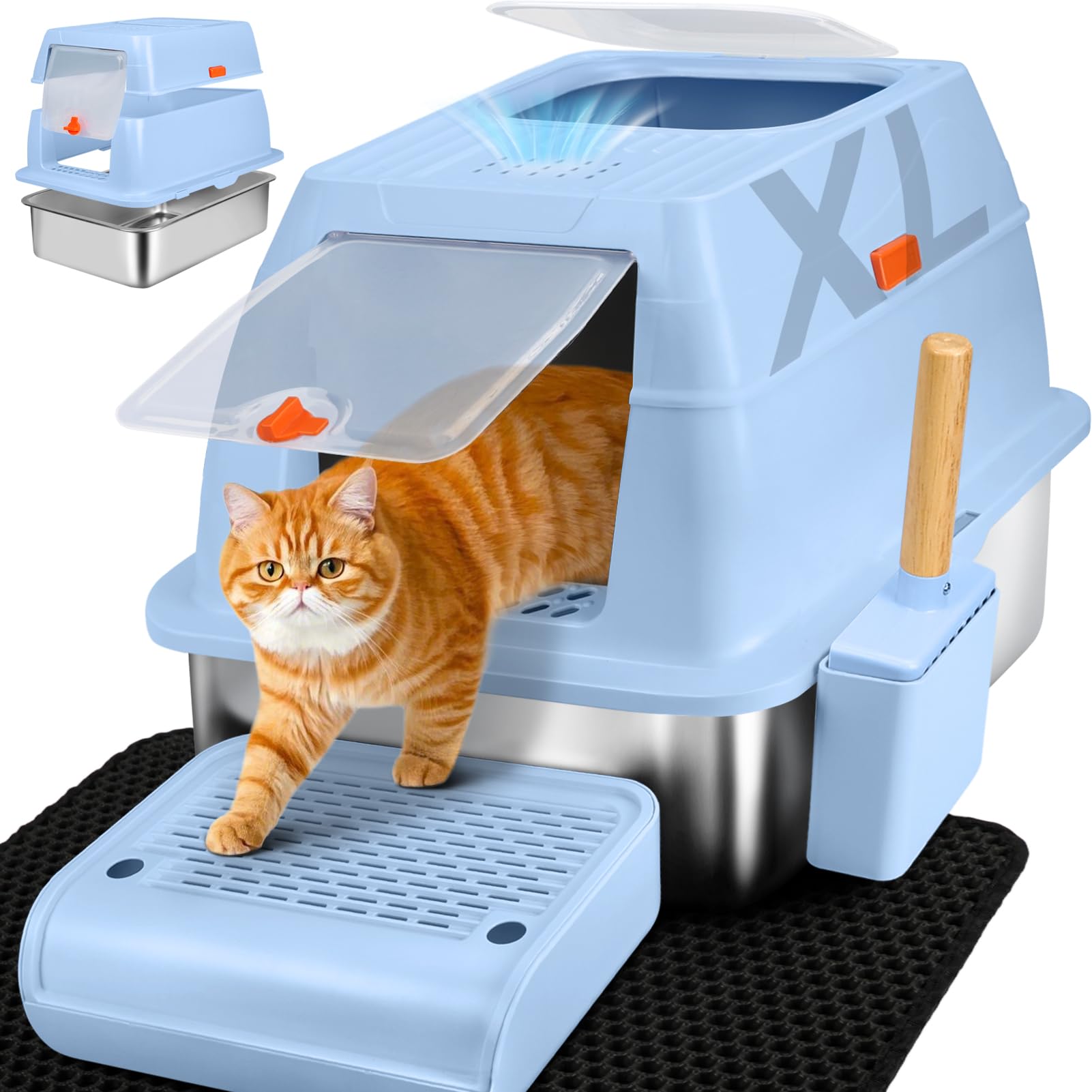 Bac à litière pour chat XL en inox hygiénique avec pelle tapis marchepied