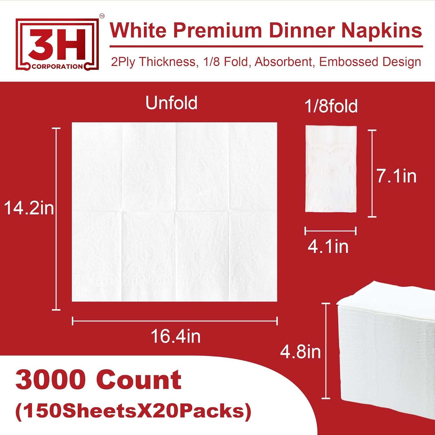 1/8 Fold White Dinner Napkins Disposable, 2-Ply 3000 Paper Napkins Bulk (20 Pack, 150/Pack), 7.1" x 4.1" Folded, Premium Servilletas for Restaurant, Catering & Everyday Lunch Refill