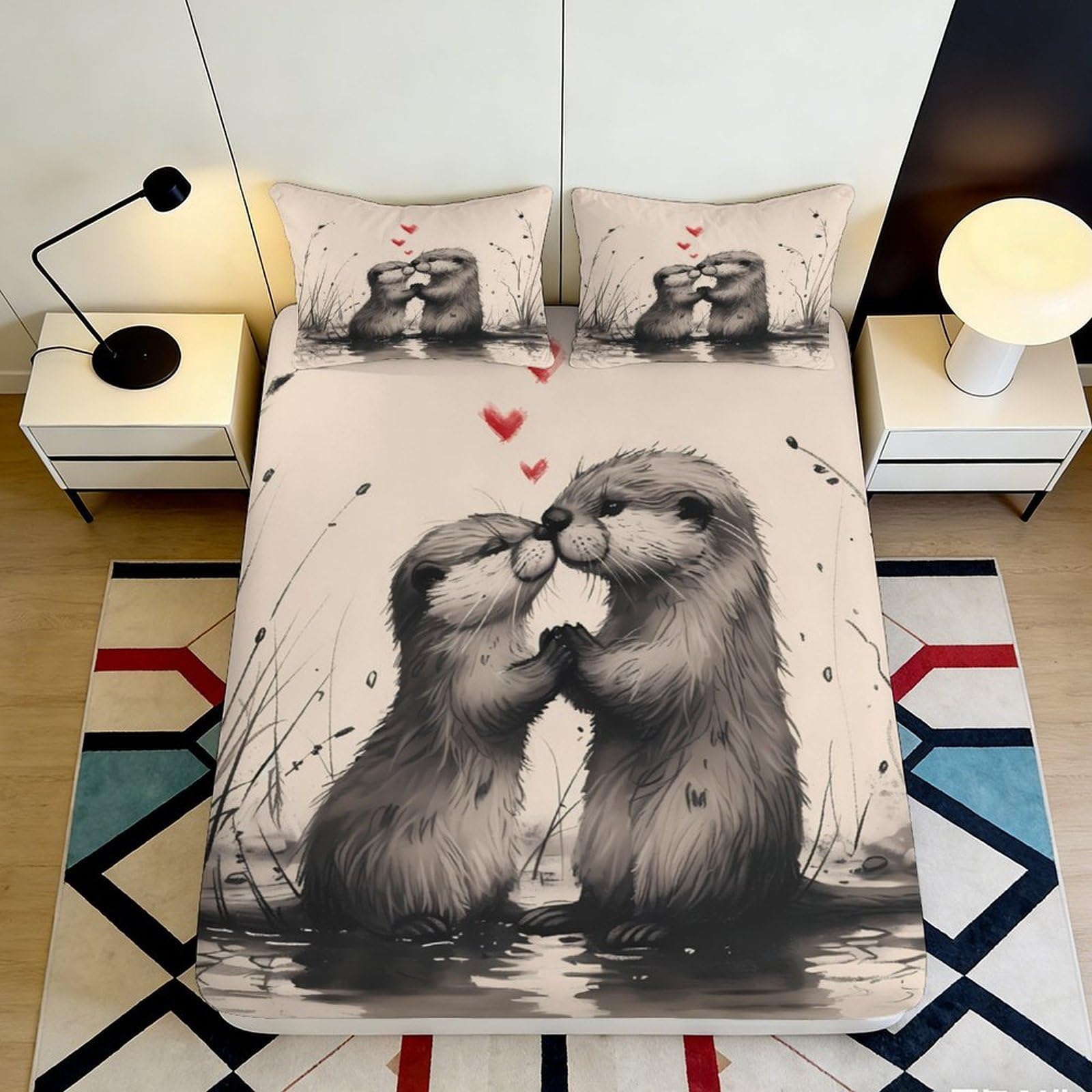 3D Printed Otter Couple Fitted Sheet Microfiber Soft Durable Romantic Animal Bed Cover for Bedroom Dormitory Guest Room Mattress Protection 120x200x25cm
