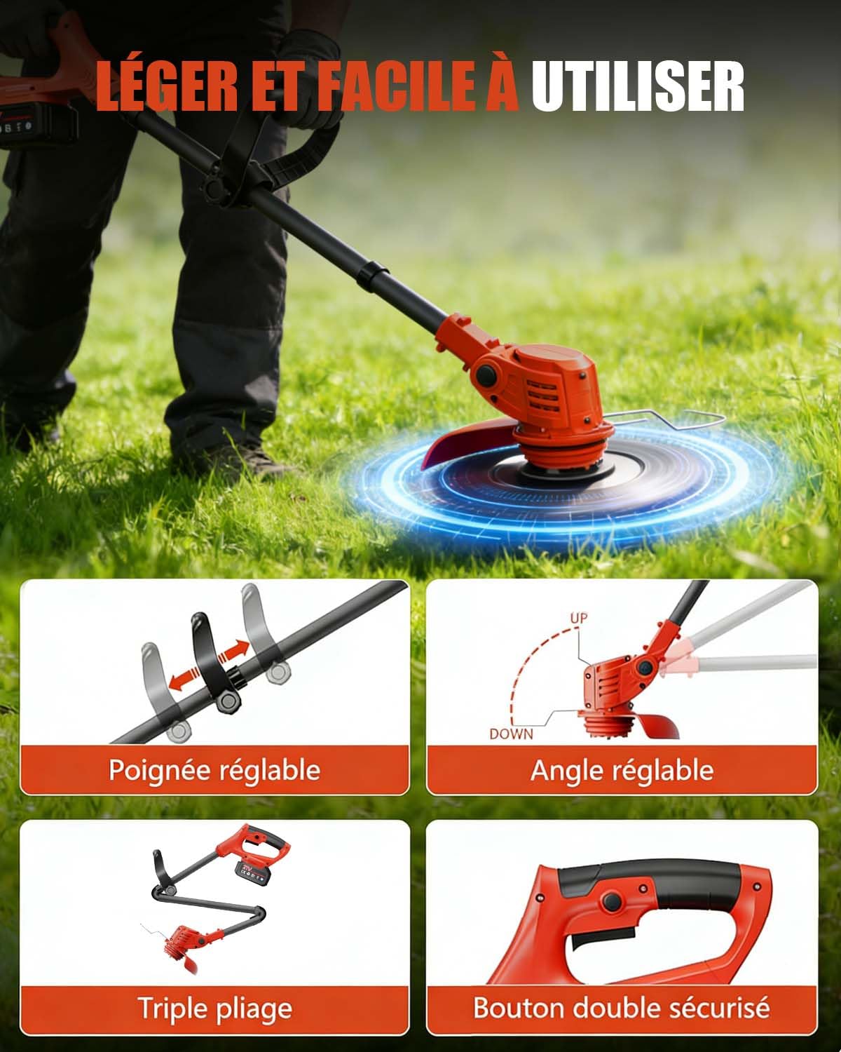 Débroussailleuse Électrique sans Fil 850W Brushless, 2 Batteries 4.0Ah, 4 Lames, Coupe-Bordure Jardin