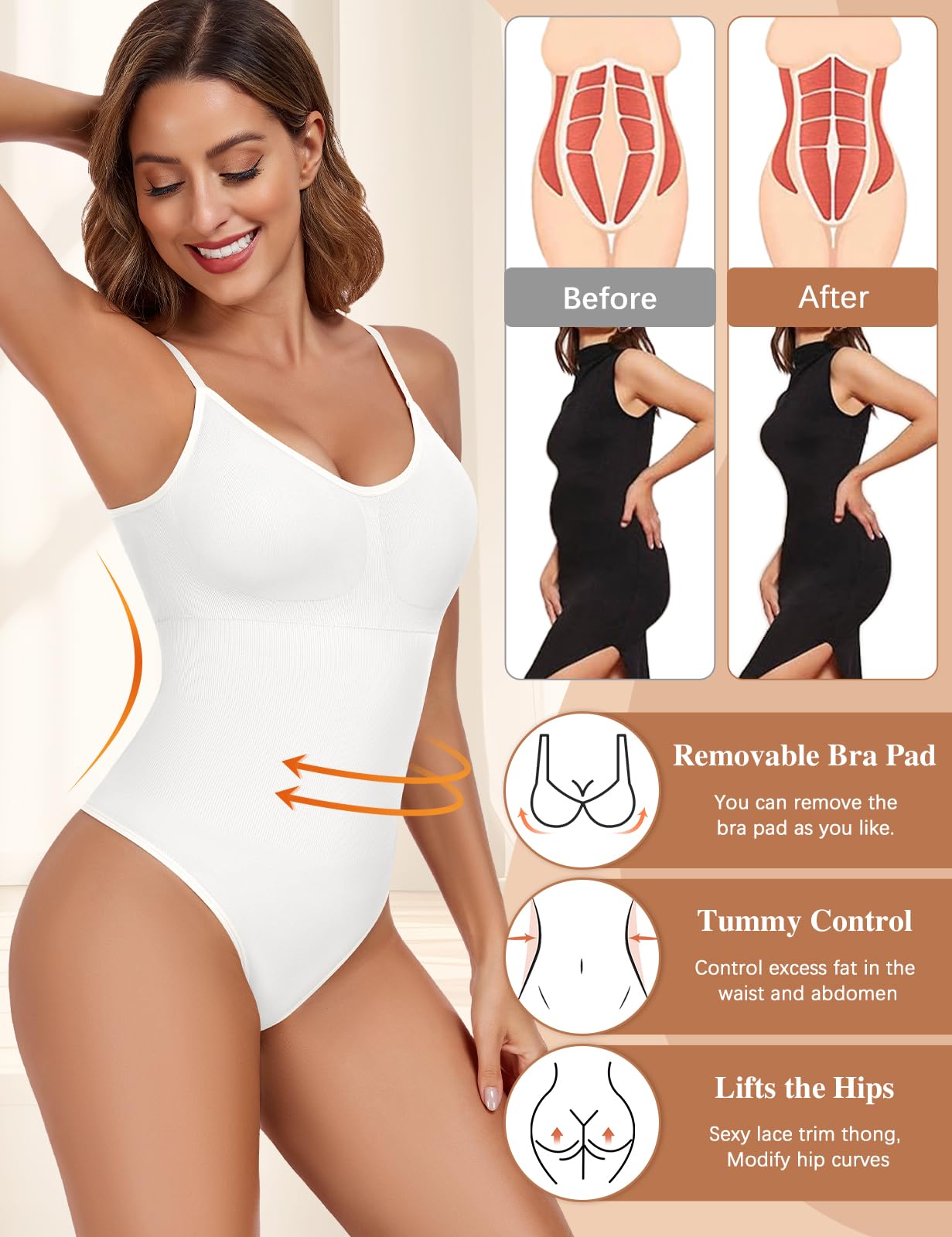 Tuopuda Body Contenitivo Modellante Donna Body Shaper Perizoma Bodysuit Guaina Contenitiva Shapewear Intimo Snellente Pancia Piatta Dimagrante Shaping con Reggiseno Spallino Regolabile
