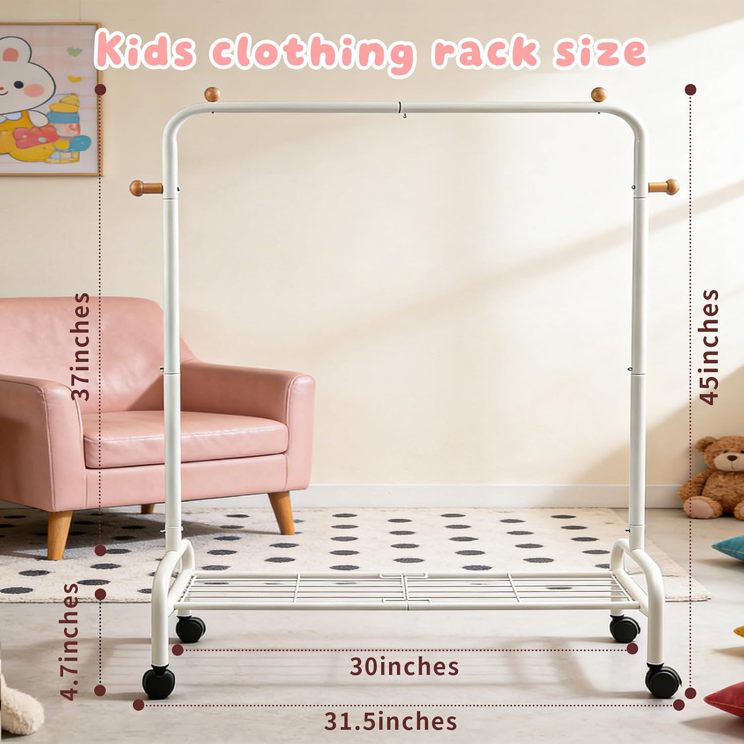 AMDBHC Kids Clothing Rack with Wheels and Bottom Storage Shelf Baby Dress up Rack for Hanging Clothes White Metal
