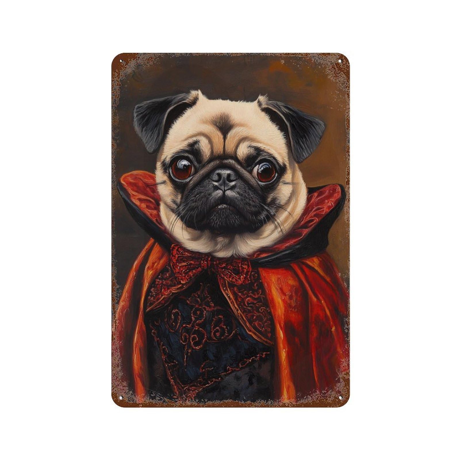 Vampire Pug Art Print Weathered Tin Sign 11.8"x7.9", for Basement, Hobby Room And Garage Decor, Rustic Home Decor