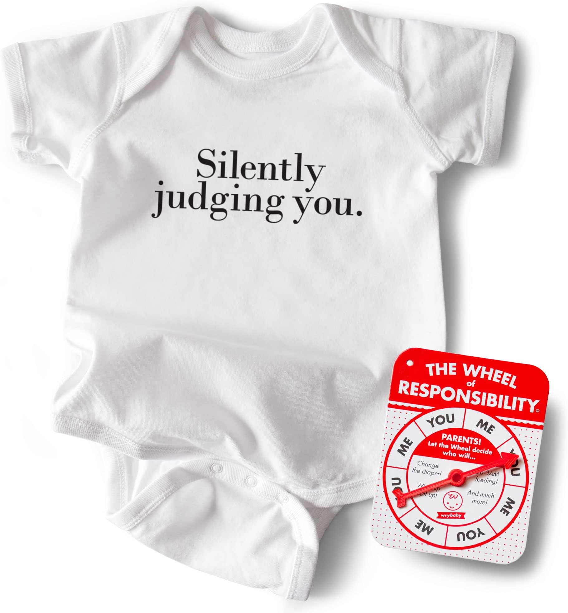 WRYBABY Funny Baby Bodysuit | Silently Judging You | White | Plus New Parent Gift, The Wheel of Responsibility Spinner Game