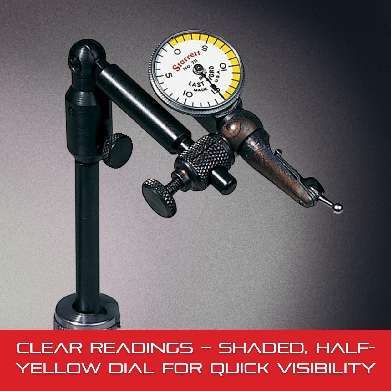 Starrett 711 Last Word Dial Test Indicator with All Attachments - White Half Shaded Face, .030" Range, 0-15-0 Dial Reading, .001" Graduation - 711GCSZ