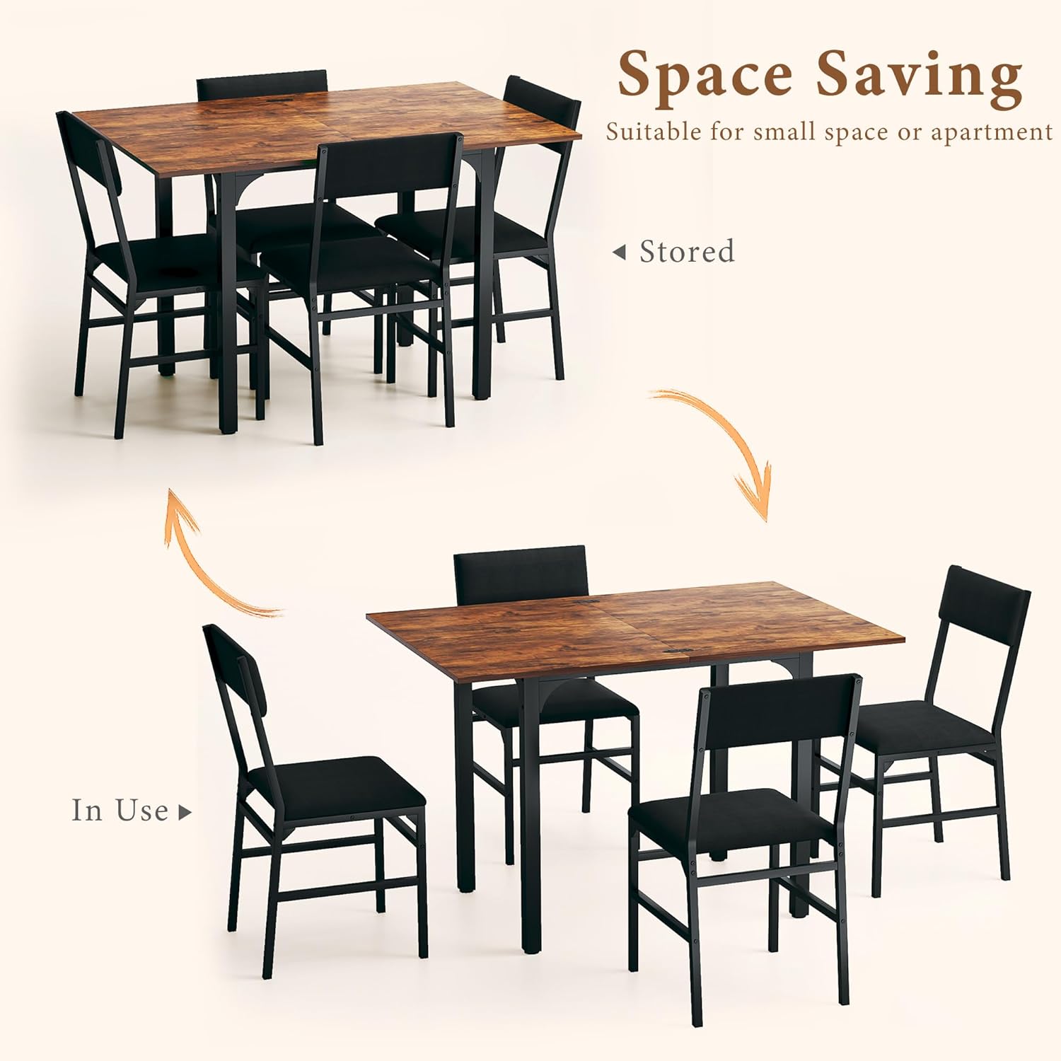 HUAHUU Dining Table Set for 4, Extendable Kitchen Table Cushion Chairs Set of 4, Rectangle Dining Table with Metal Frame & MDF Board, Folding for Small Apartment Saving Space, Rustic Brown