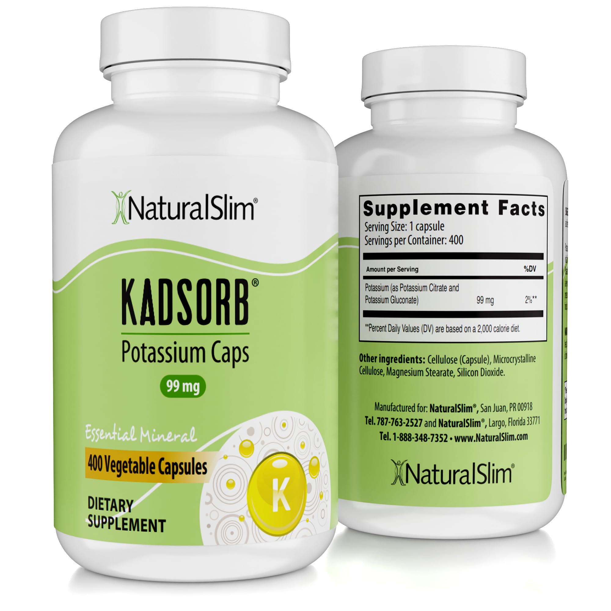 NaturalSlim Natural Potassium Citrate Gluconate 99 mg - Kadsorb Supports Electrolyte Balance & Normal pH - Absorbable Potassium Supplements with Essential Minerals - Non GMO 400 Capsules 1 Pack
